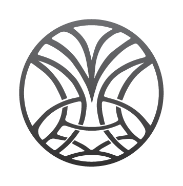 Circular gray abstract design with intertwined lines, resembling a stylized tree.