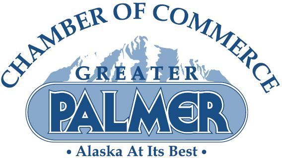 Greater Palmer Chamber of Commerce logo with mountains, blue lettering, and the phrase