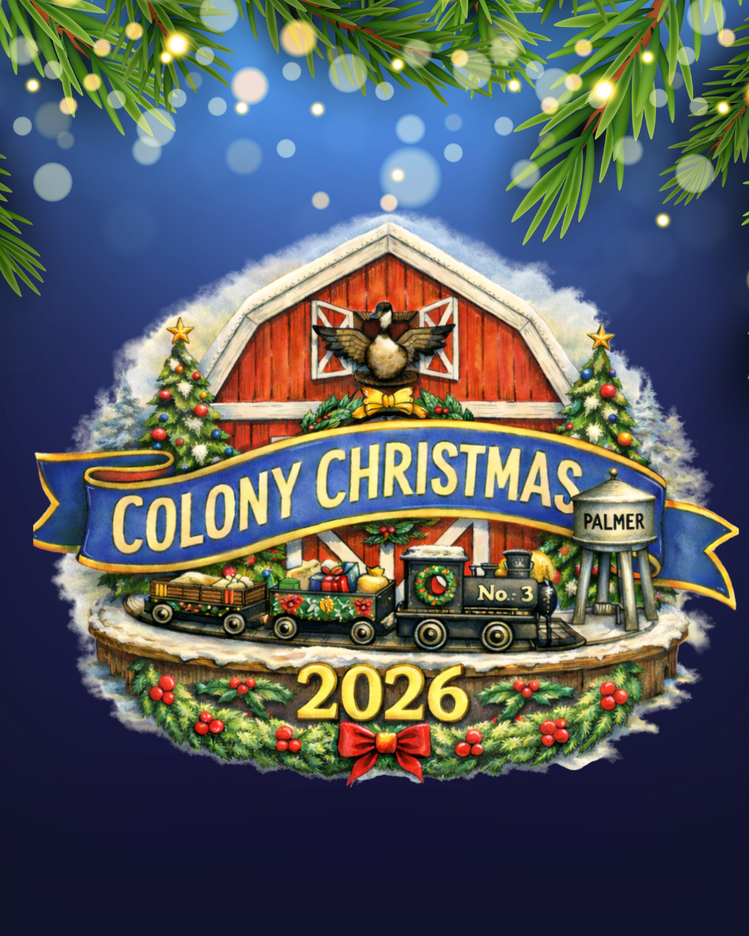 Colony Christmas 2025 poster: Scenes of winter activities, with moose, mountains, and water tower.