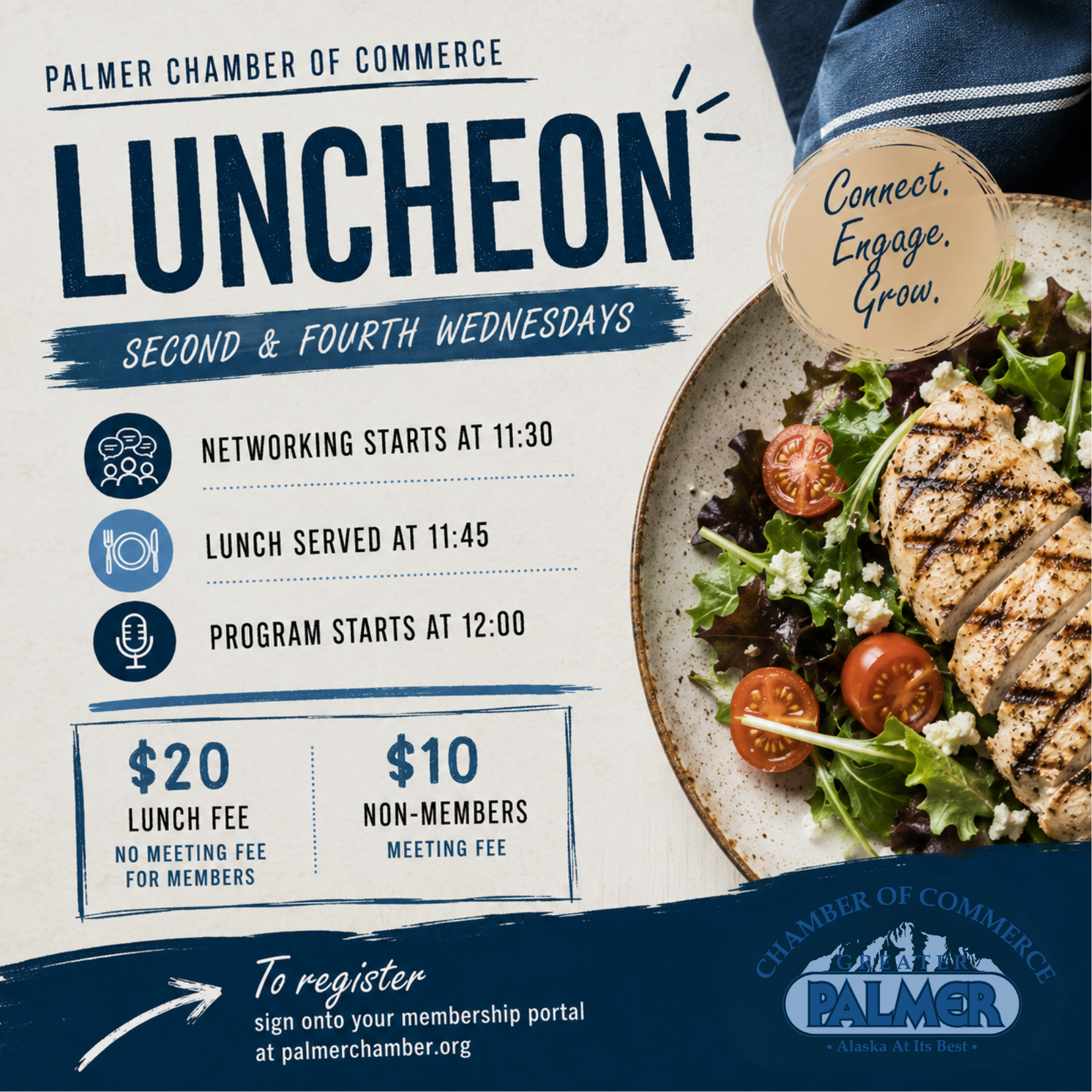Palmer Chamber of Commerce luncheon advertisement; blue background with food, text, and logo.