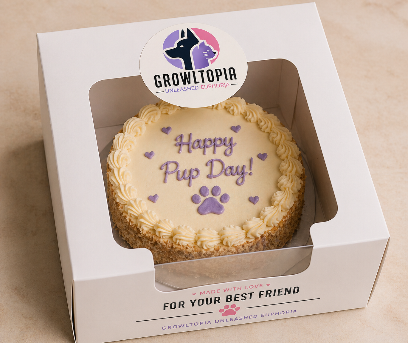 Birthday cake in a box with purple and yellow frosting reading “Happy Birthday Pup!”