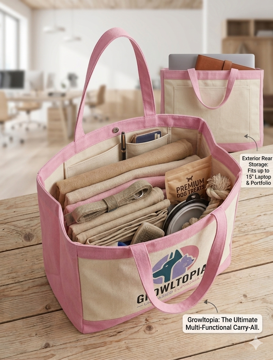 Pink fabric tote bag with organized compartments holding notebooks and supplies on a table