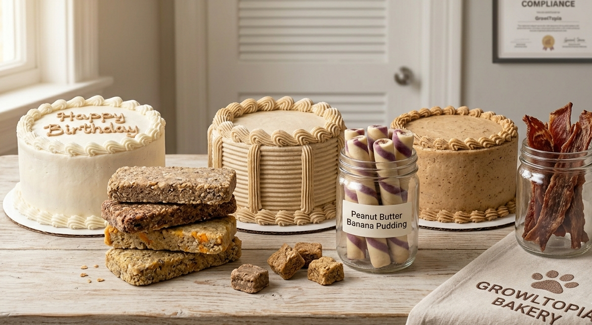 Assorted frosted cakes and cookie bars on a bakery table with jars and packaged treats.