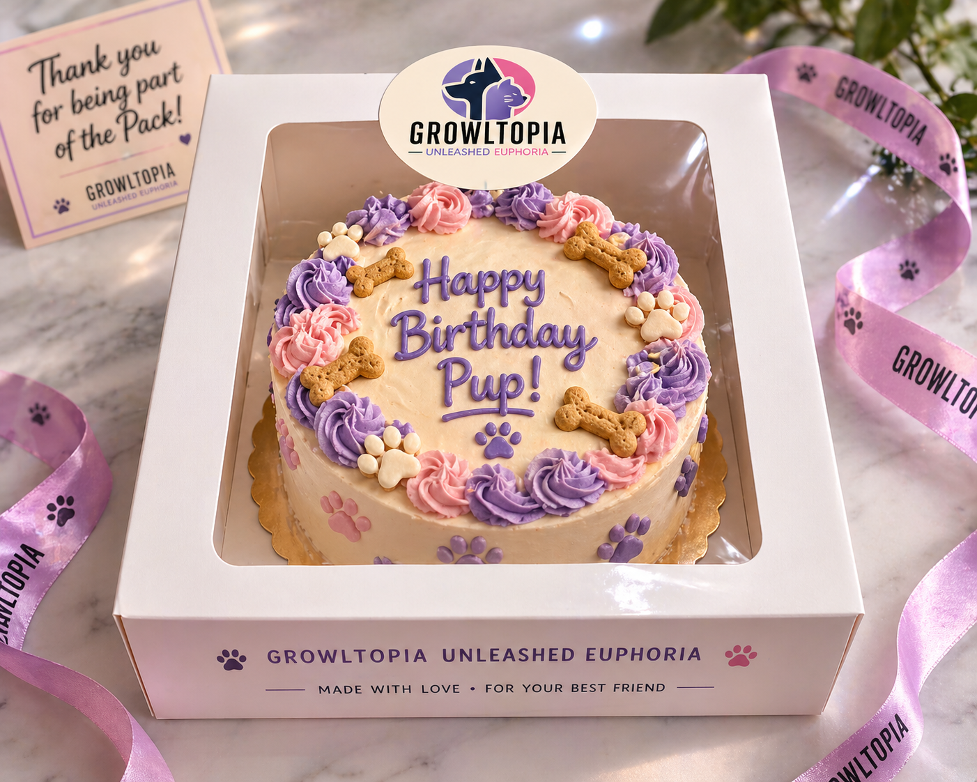 Birthday cake in a box with purple and yellow frosting reading “Happy Birthday Pup!”
