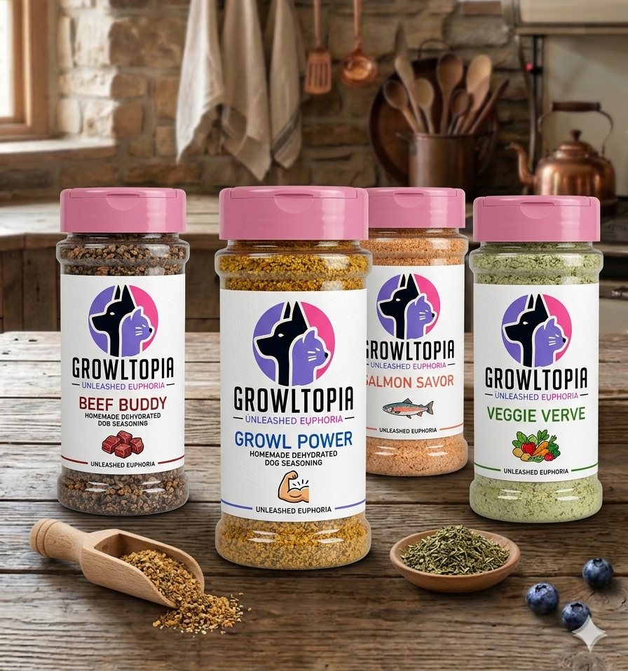 Four Growtopia Meal toppers jars with pink lids on a kitchen counter