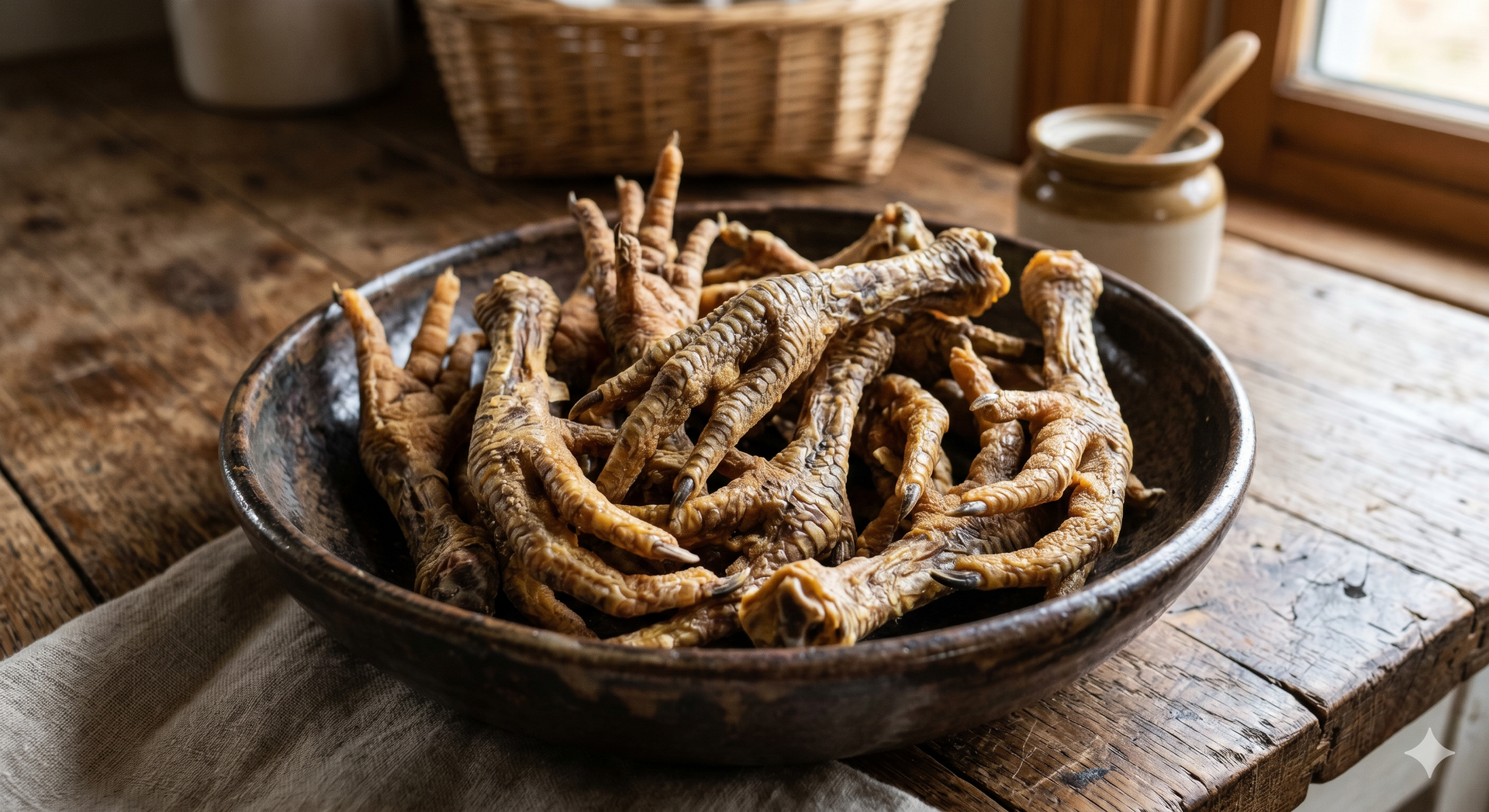 Bowl of dehydrated treats | chicken feet on a rustic wooden table by a window