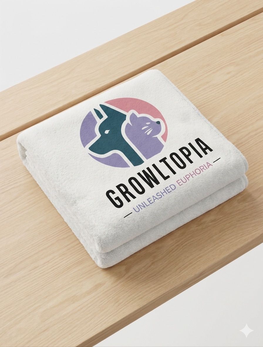 Folded white towel with Growtopia logo and text on a light wooden surface.