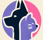 Stylized dog and cat profiles facing opposite directions in a purple and pink circle logo