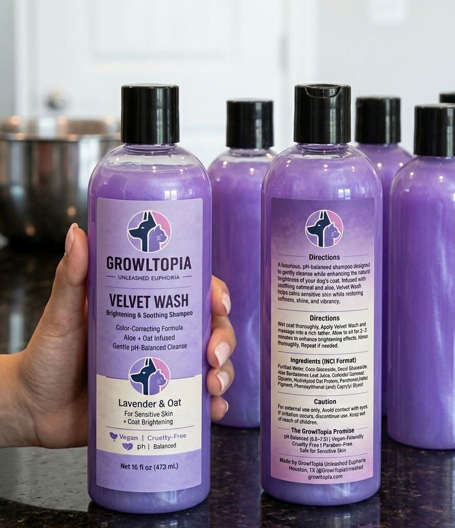 Hand holding a purple Growtopia Velvet Wash bottle with more purple bottles in the background