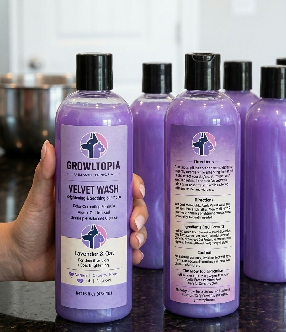 Hand holding a lavender bottle of Growtopia Velvet Wash, with several matching bottles behind it.