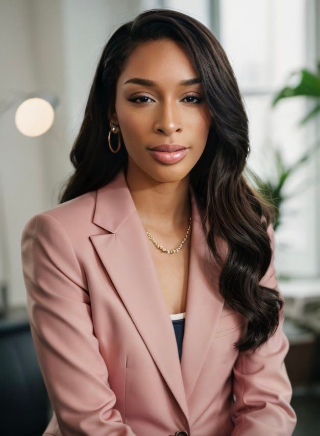 Portrait of a woman in a pink blazer, seated indoors with a soft neutral background