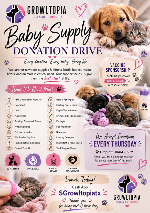 Growltopia baby supply donation drive flyer with puppy, pink accents, and donation details