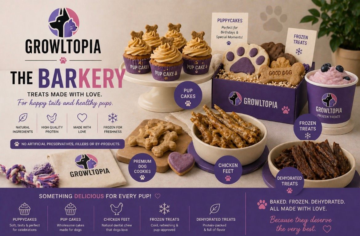 Growtopia The Barkery treats display with purple accents and assorted baked dog treats