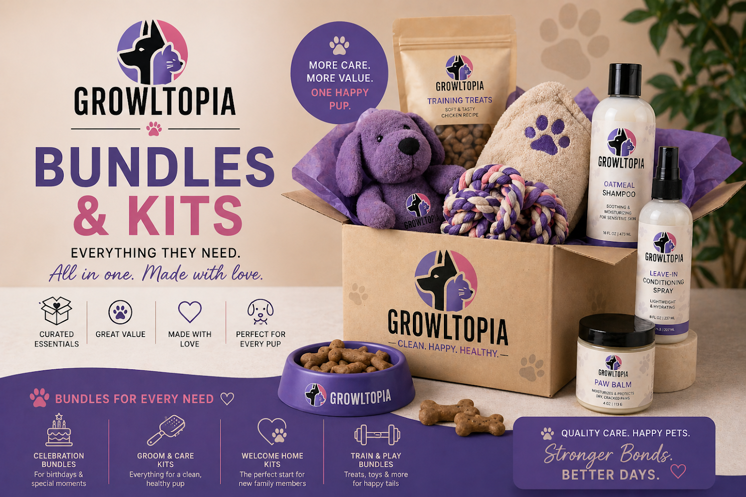 Purple Growtopia bundles and kits promo with plush toys, bottles, and gift box on a lavender background