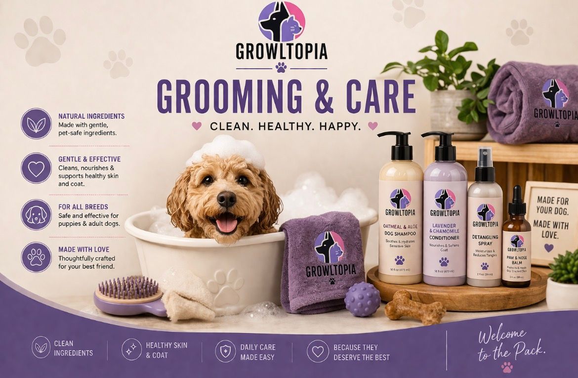 Pet grooming ad with smiling dog in a tub, shampoo bottles, brush, and purple branding background