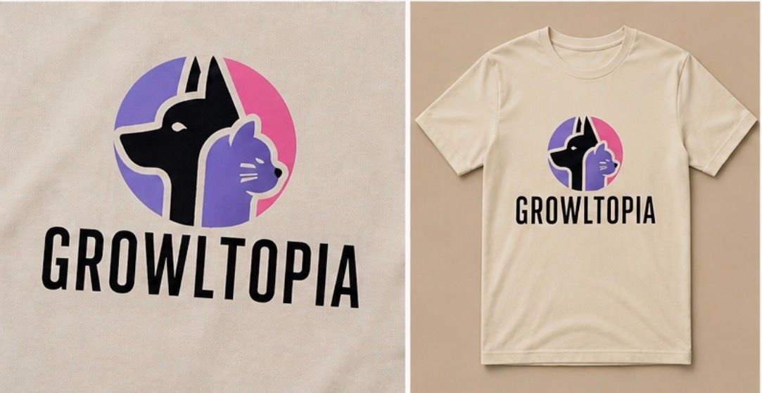 Two Growltopia t-shirts displayed side by side, beige and gray, with colorful logo print.