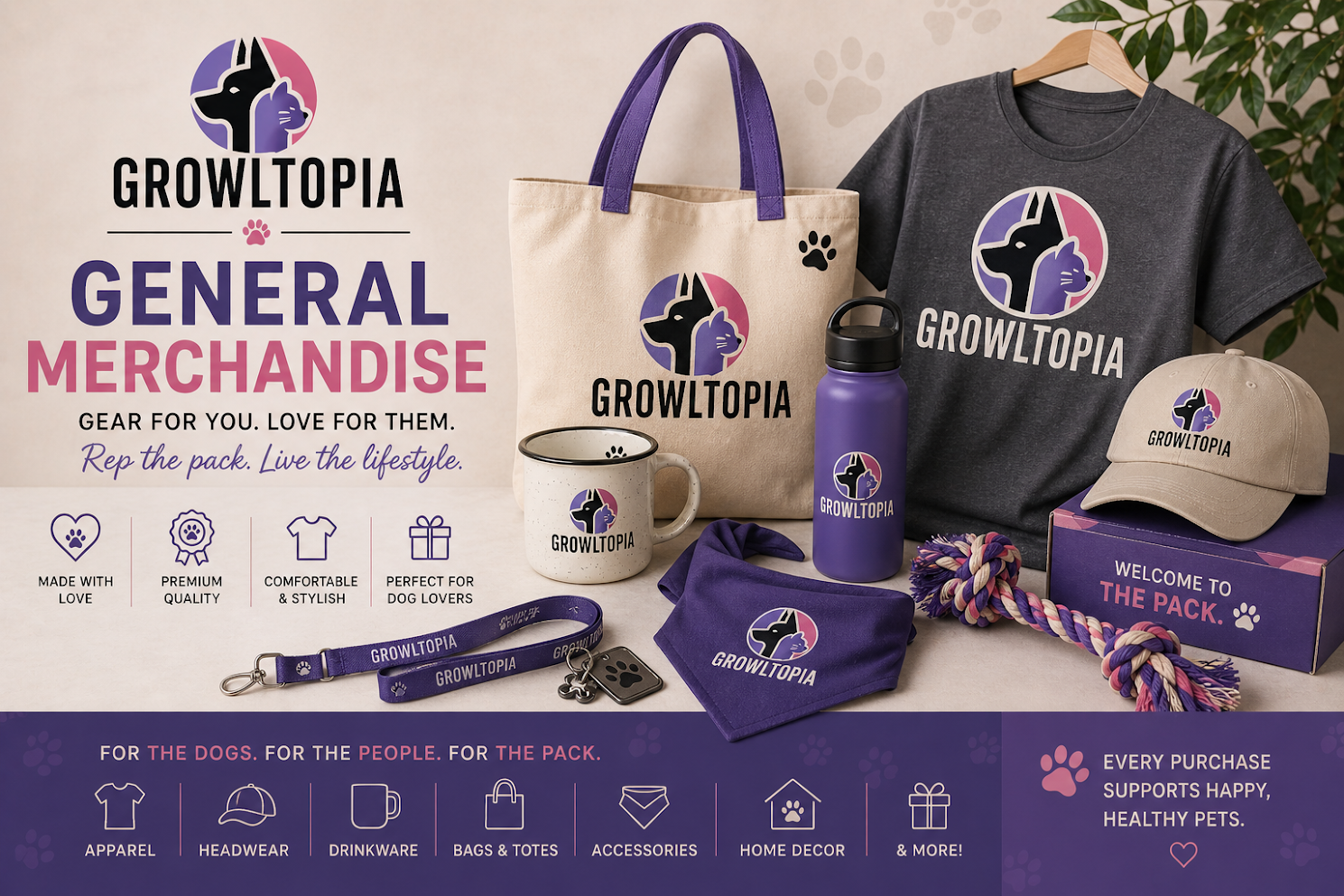 Growtopia merchandise promo with purple apparel, tote bag, mug, and branded accessories on a light background