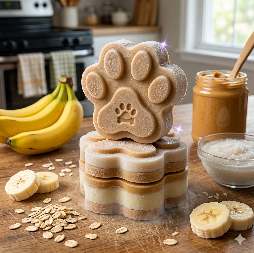 Banana oat dog paw cookies on a kitchen counter with bananas, peanut butter, and oat milk