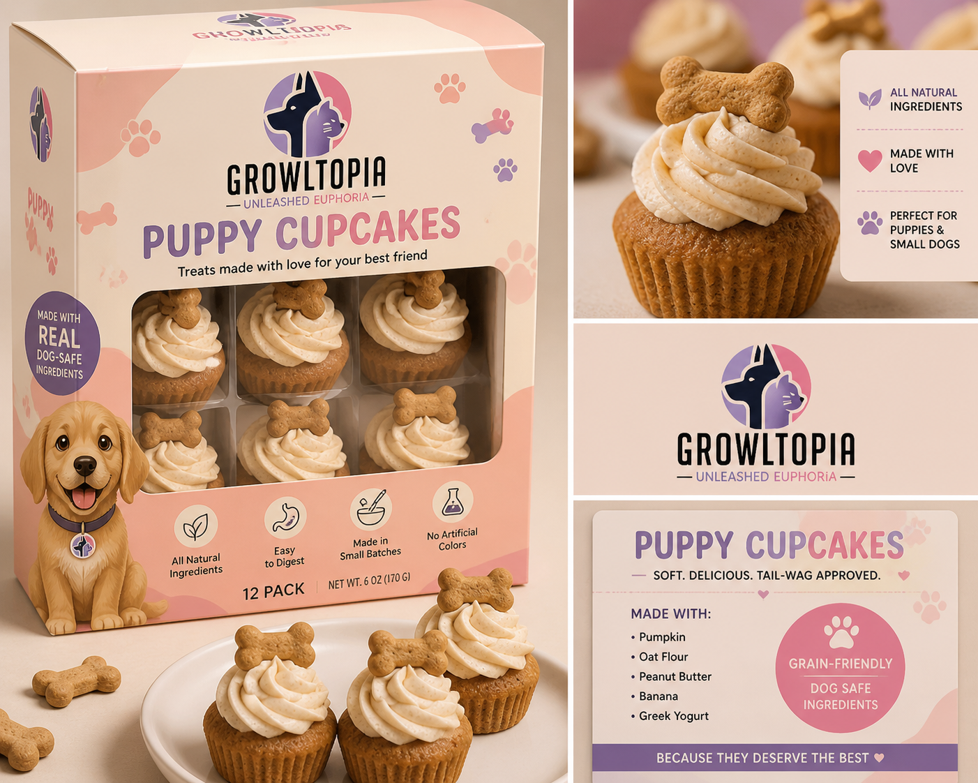 Growtopia Puppy Cupcakes dog treats in pink packaging with frosted cupcakes and dog photo