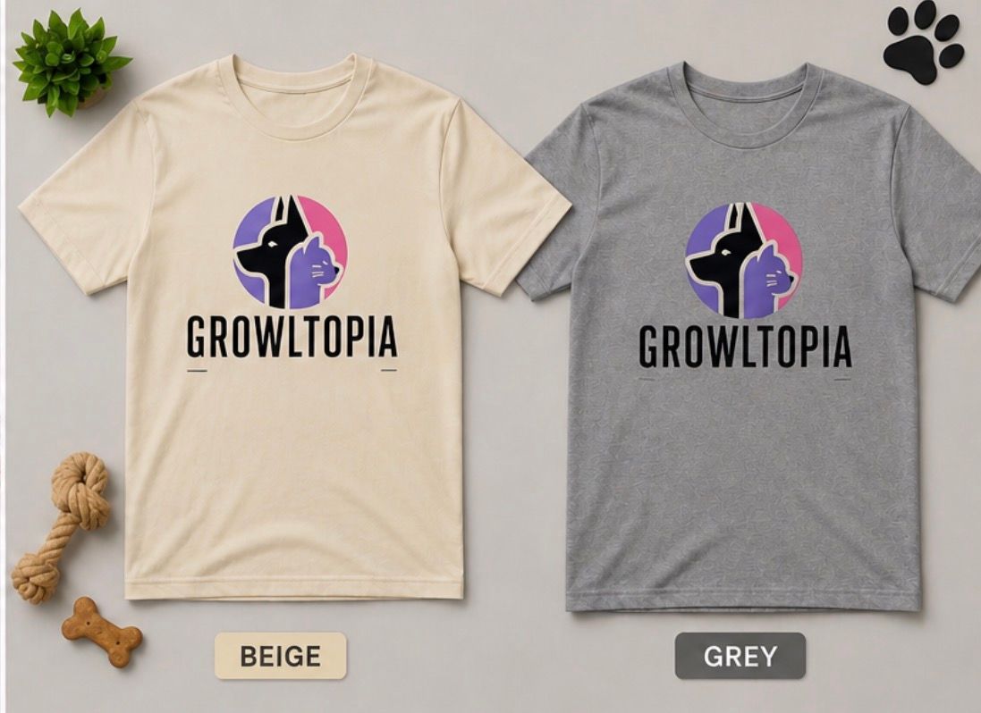 Two Growltopia t-shirts displayed side by side, beige and gray, with colorful logo print.
