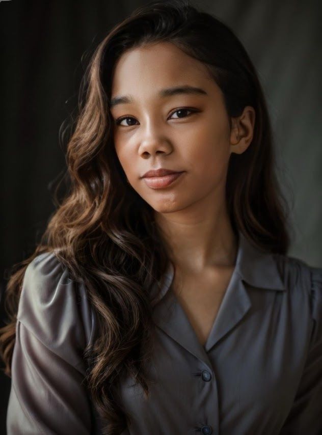 Portrait of a person in a gray blouse, looking at the camera with a slight smile against a dark background