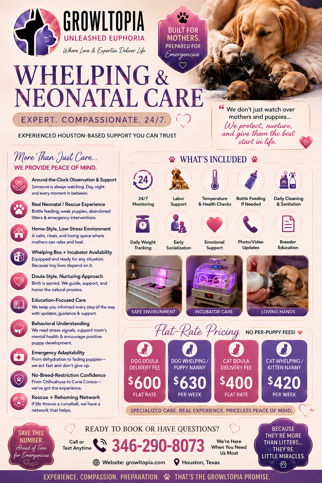 Growtopia whelping and neonatal care flyer with puppy photo, service icons, and pricing on purple background