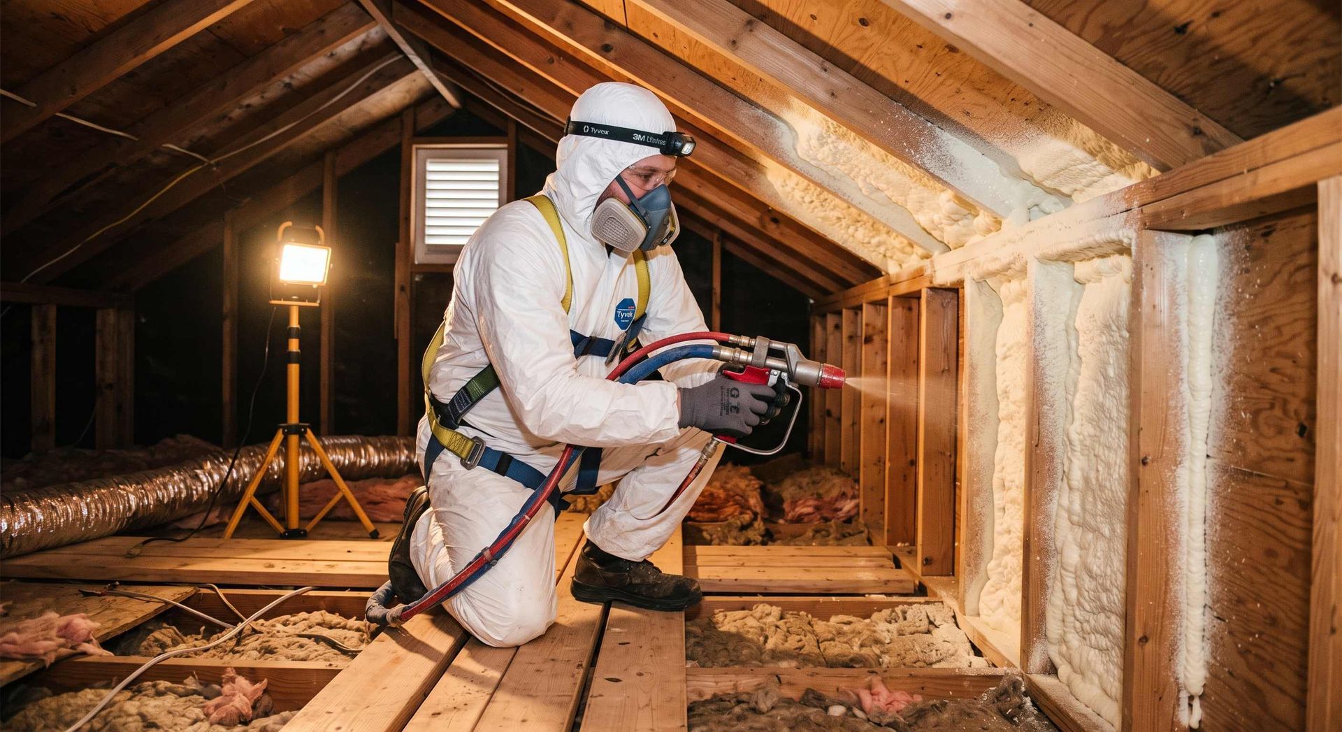 A photo shows a worker in a protective suit, respirator mask, and safety goggles, kneeling and applying spray foam insulation to the inner surface of a wooden roof deck in an attic.