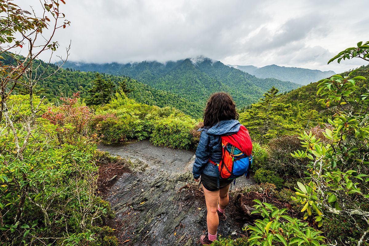 A woman with a backpack is walking down a path in the woods