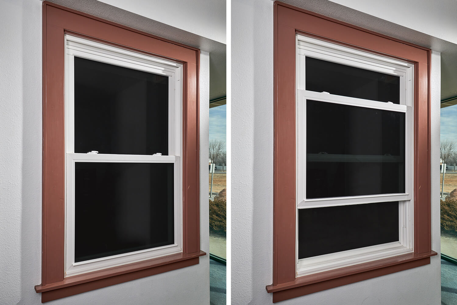 A picture of a window with a black screen and a picture of a window with a white screen.