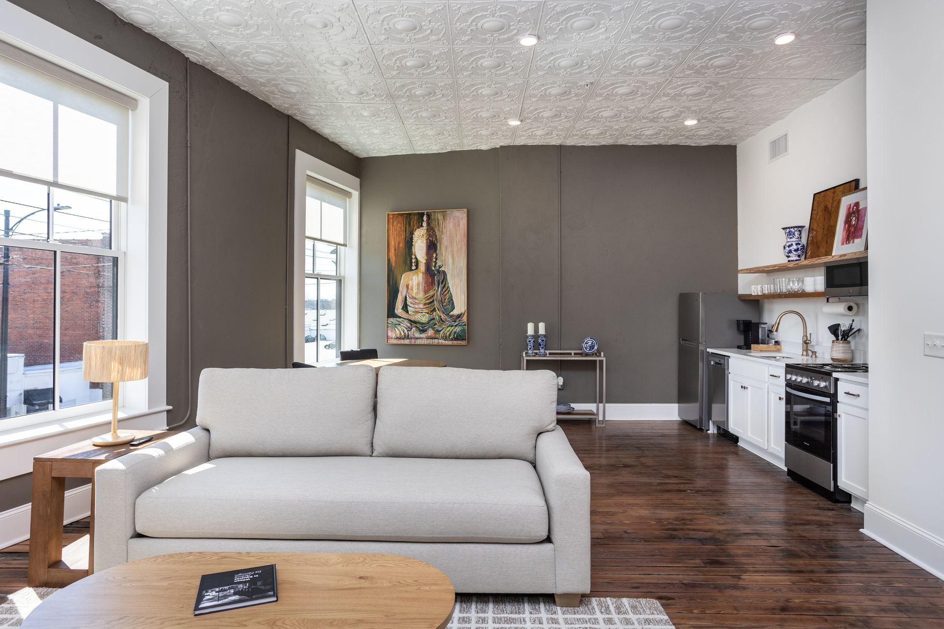 Tan sofa in a living room