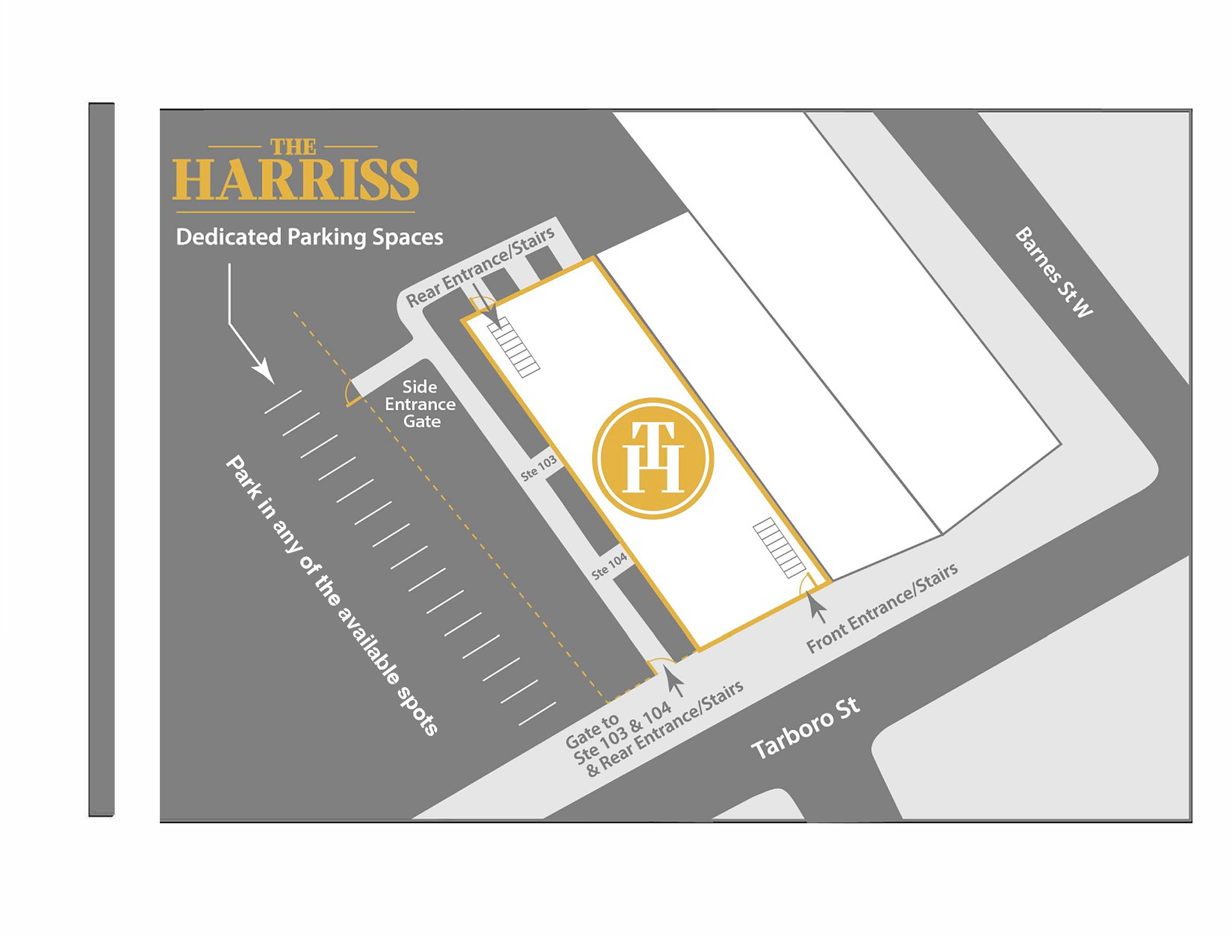 The HIARRISS logo on a gray-and-white floor plan or site map with gold accents.
