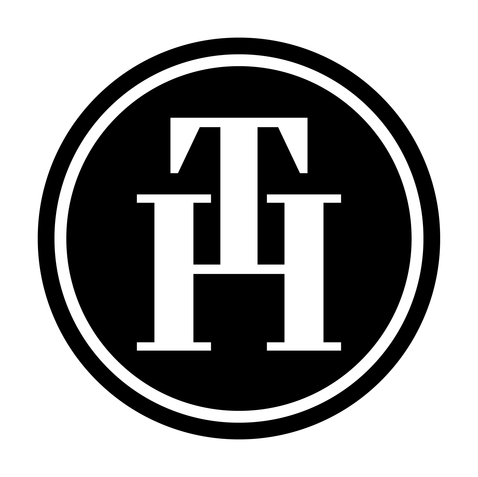 Black circular logo with a white double-letter monogram inside a thin white ring