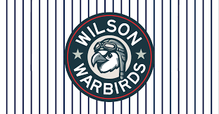 Wilson Warbirds logo on white pinstriped background with a bulldog in a red and blue circle