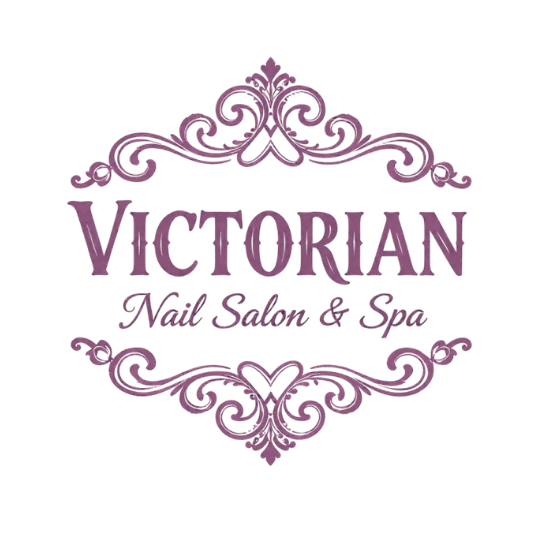 Victorian Nail Salon & Spa logo in purple script with ornate decorative flourishes