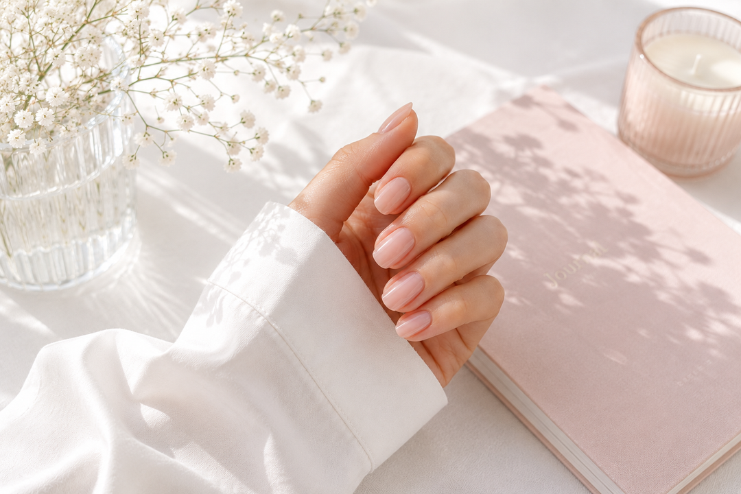 Hands resting beside a pink notebook and candle in soft natural light