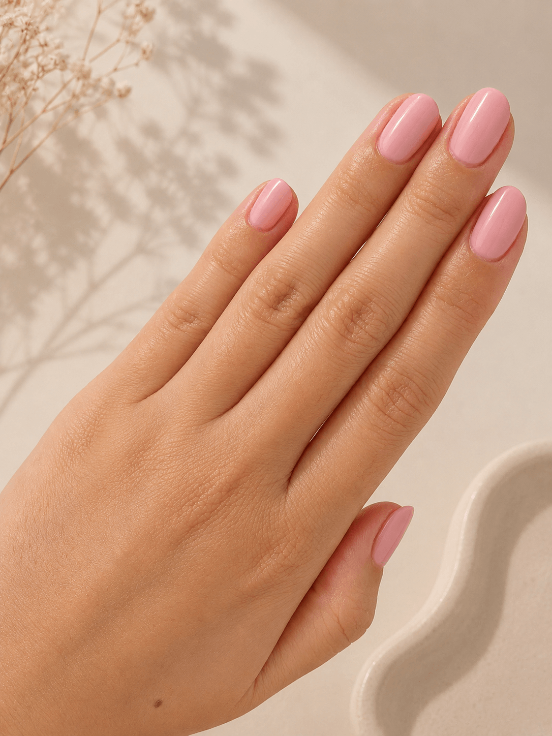 Hand with glossy pink manicured nails on a beige background