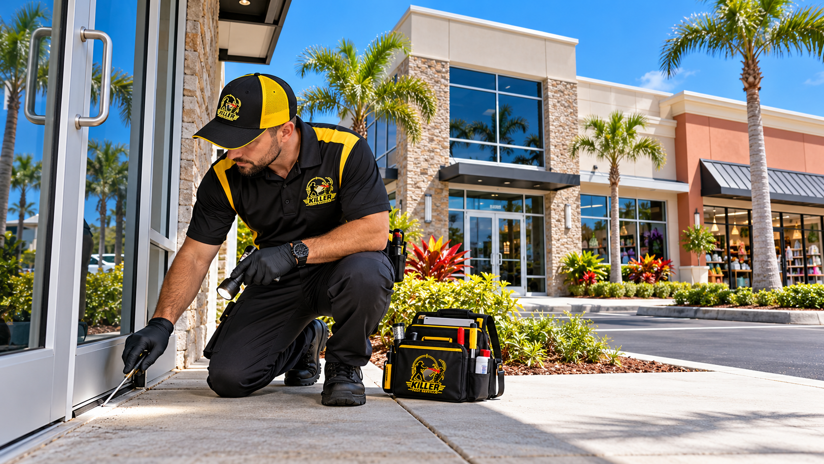Technician kneeling outside a building, working on a ground-mounted electrical box near palm trees.