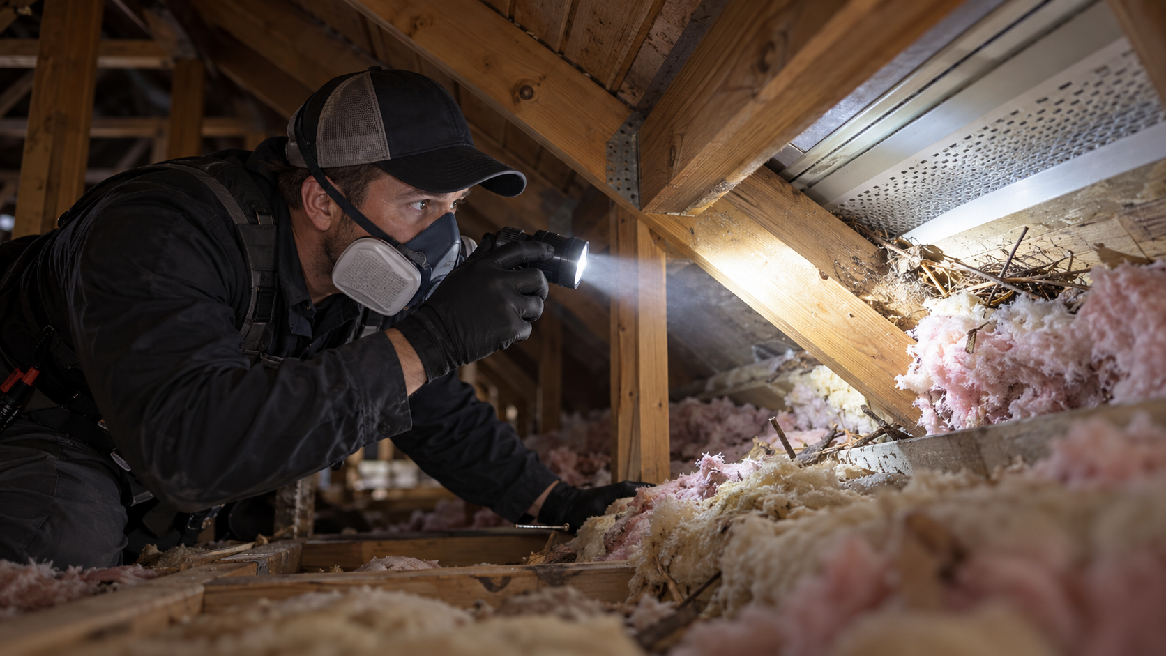 Inspector kneeling in an attic, using a flashlight near pink insulation and exposed wooden beams