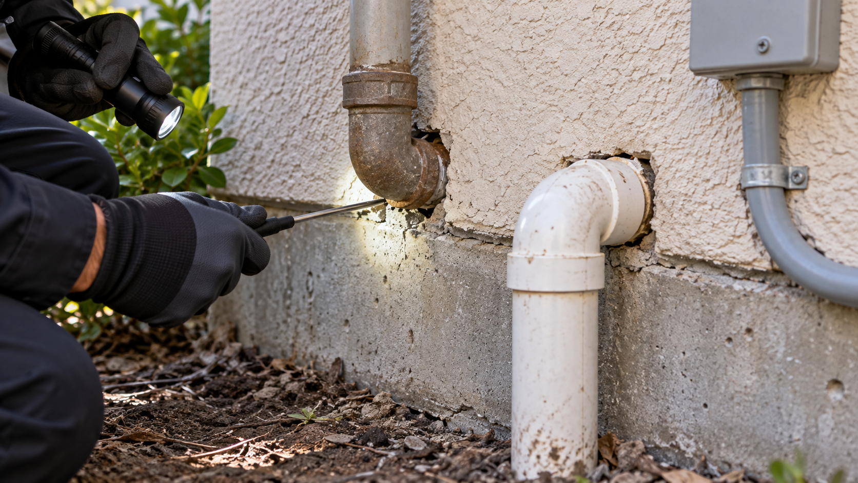 Gloved worker inspecting a rusted pipe leak on a house exterior wall with a probe tool.