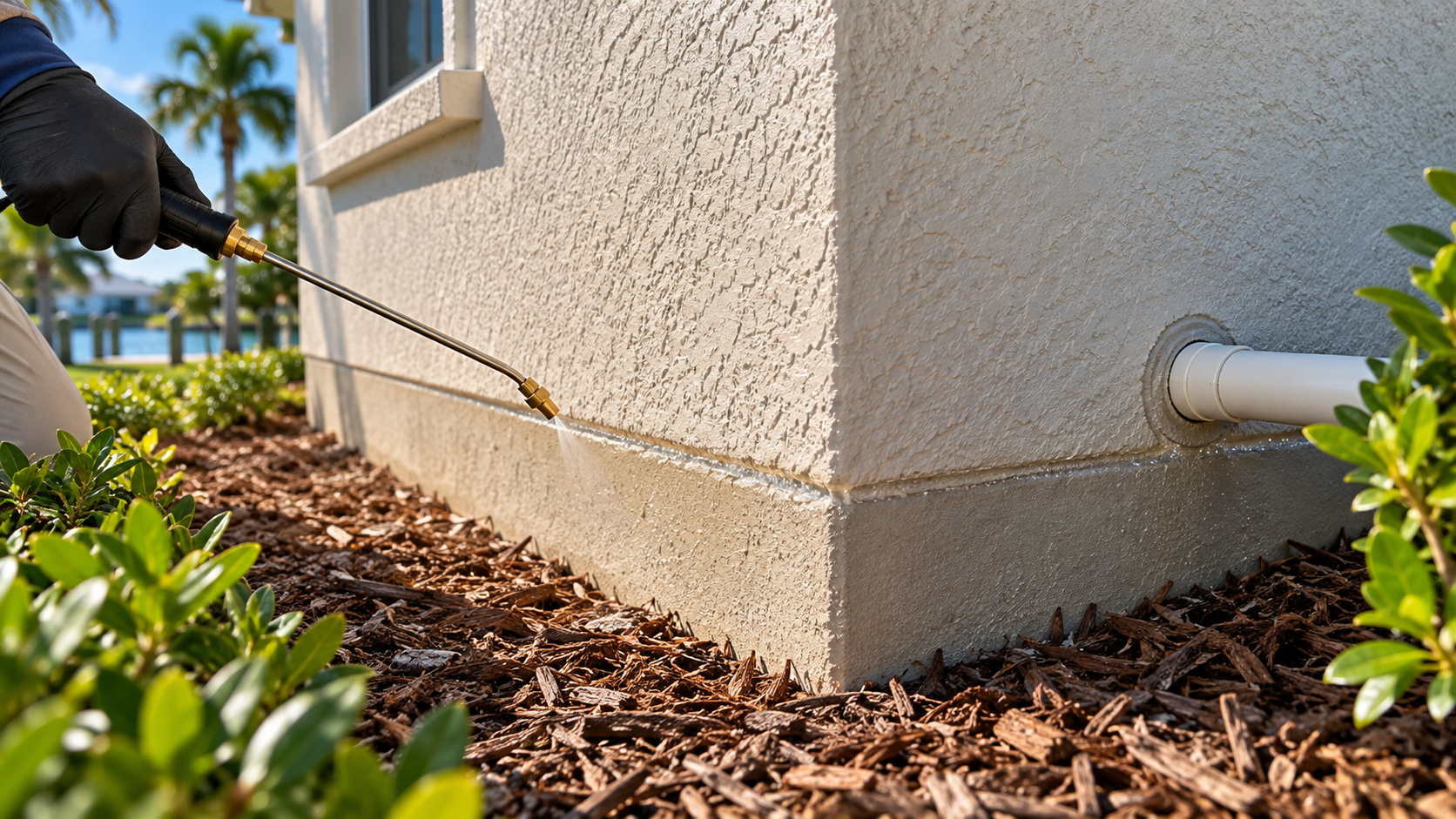 A gloved worker sprays weed killer along a house foundation beside mulch and shrubs.