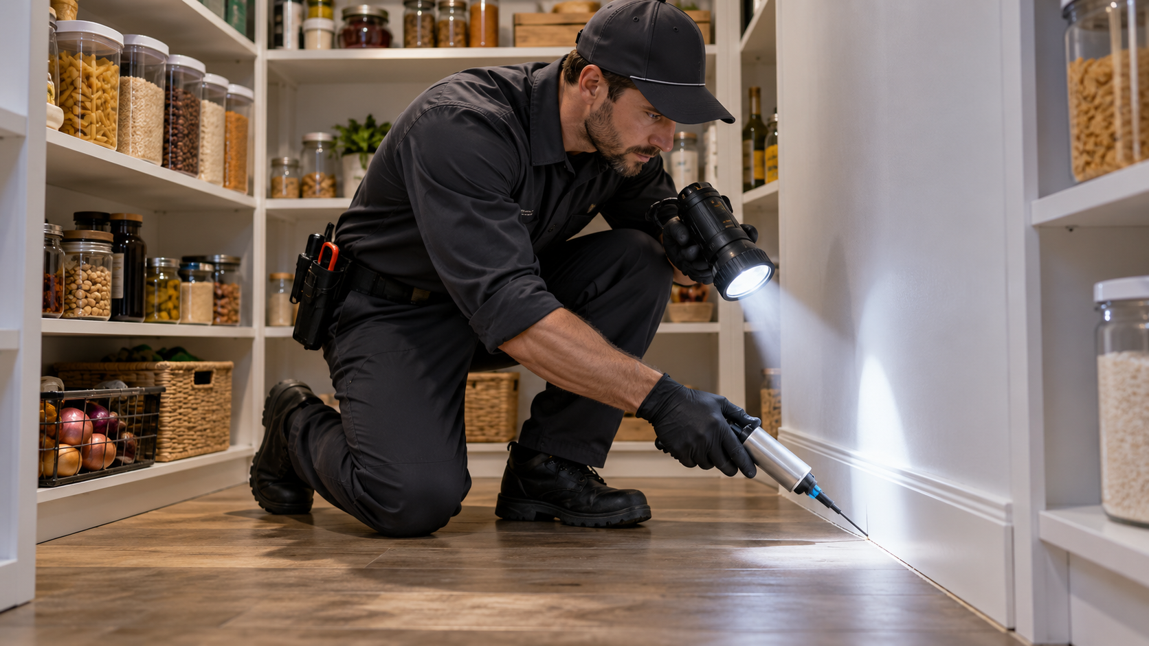 Technician kneeling with a flashlight, inspecting a baseboard in a pantry lined with jars and shelves