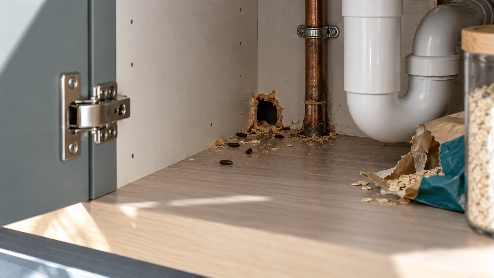 Cabinet interior with visible rodent droppings and torn nesting material near plumbing pipes