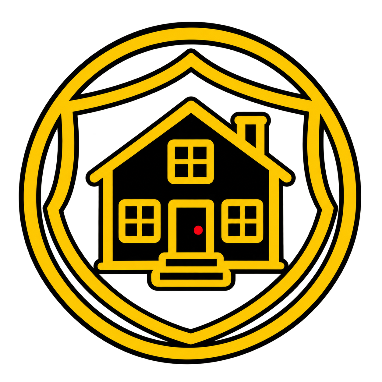 Yellow and black house icon inside a circular border with a shield-like outline