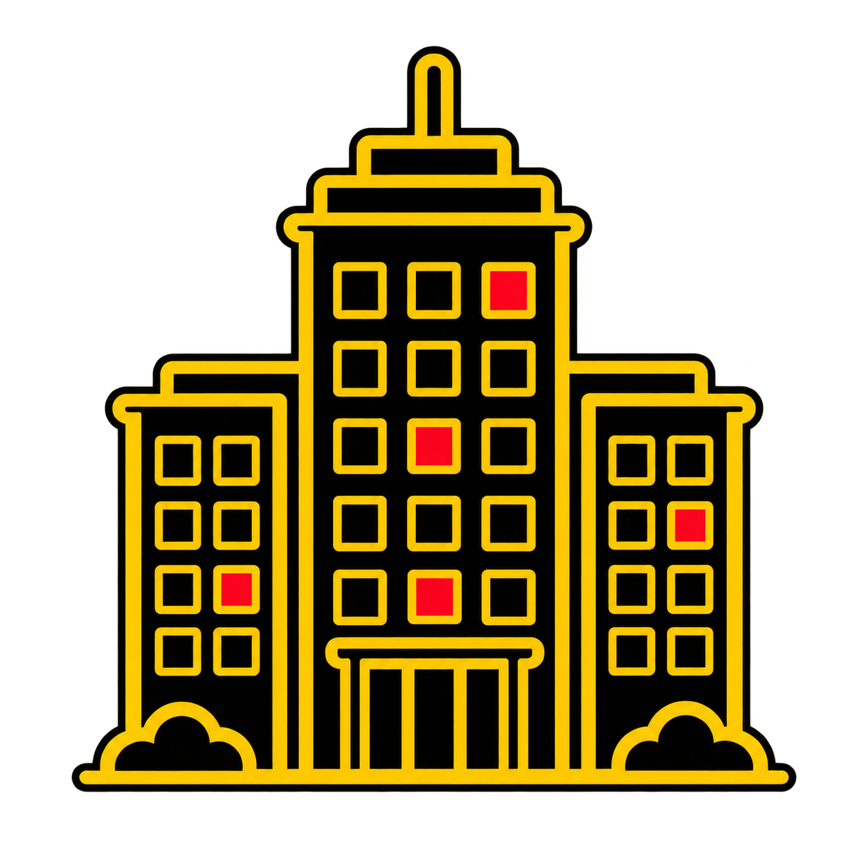 Stylized black-and-yellow building icon with red windows and a central entrance