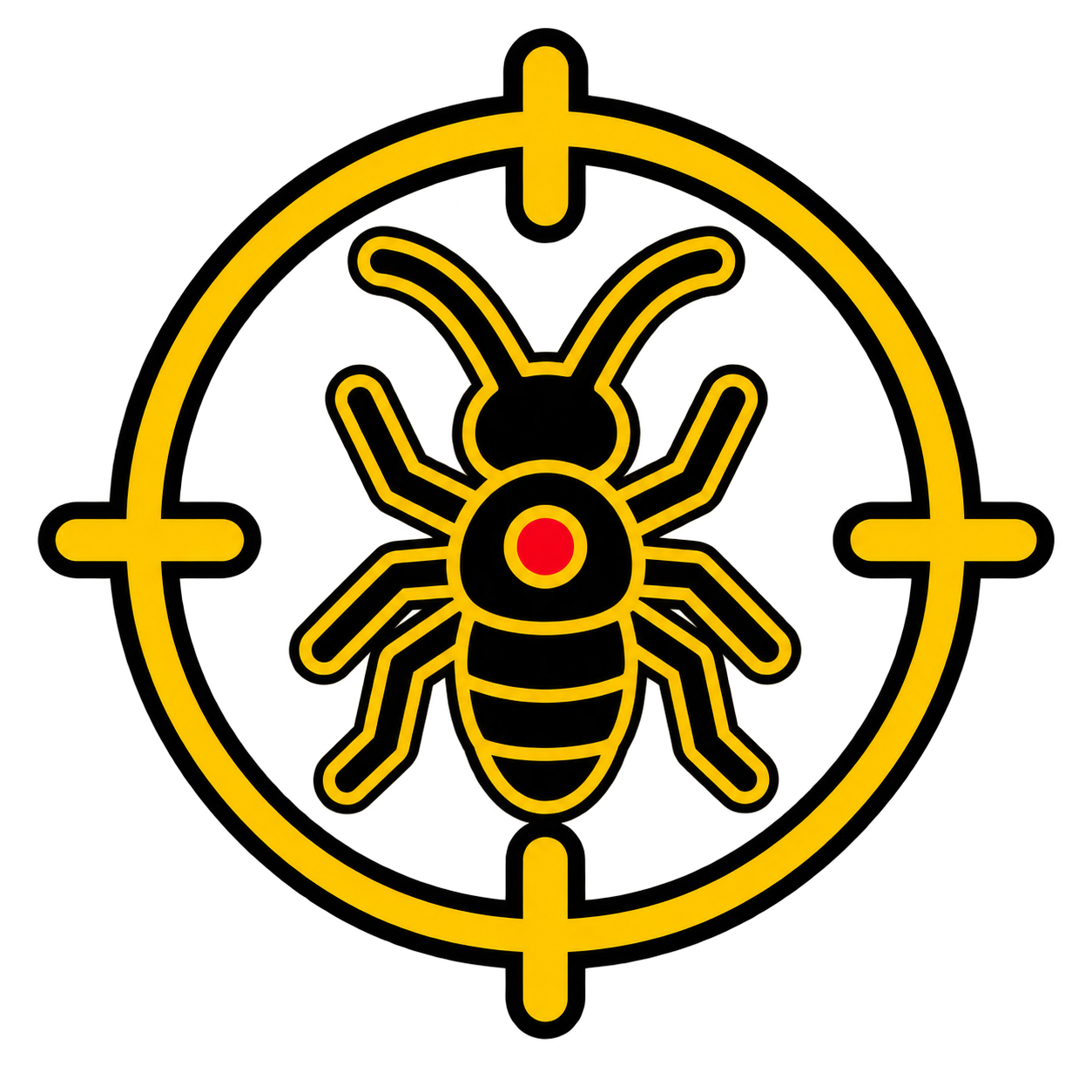 Black bee logo inside yellow crosshair circle with red center eye.