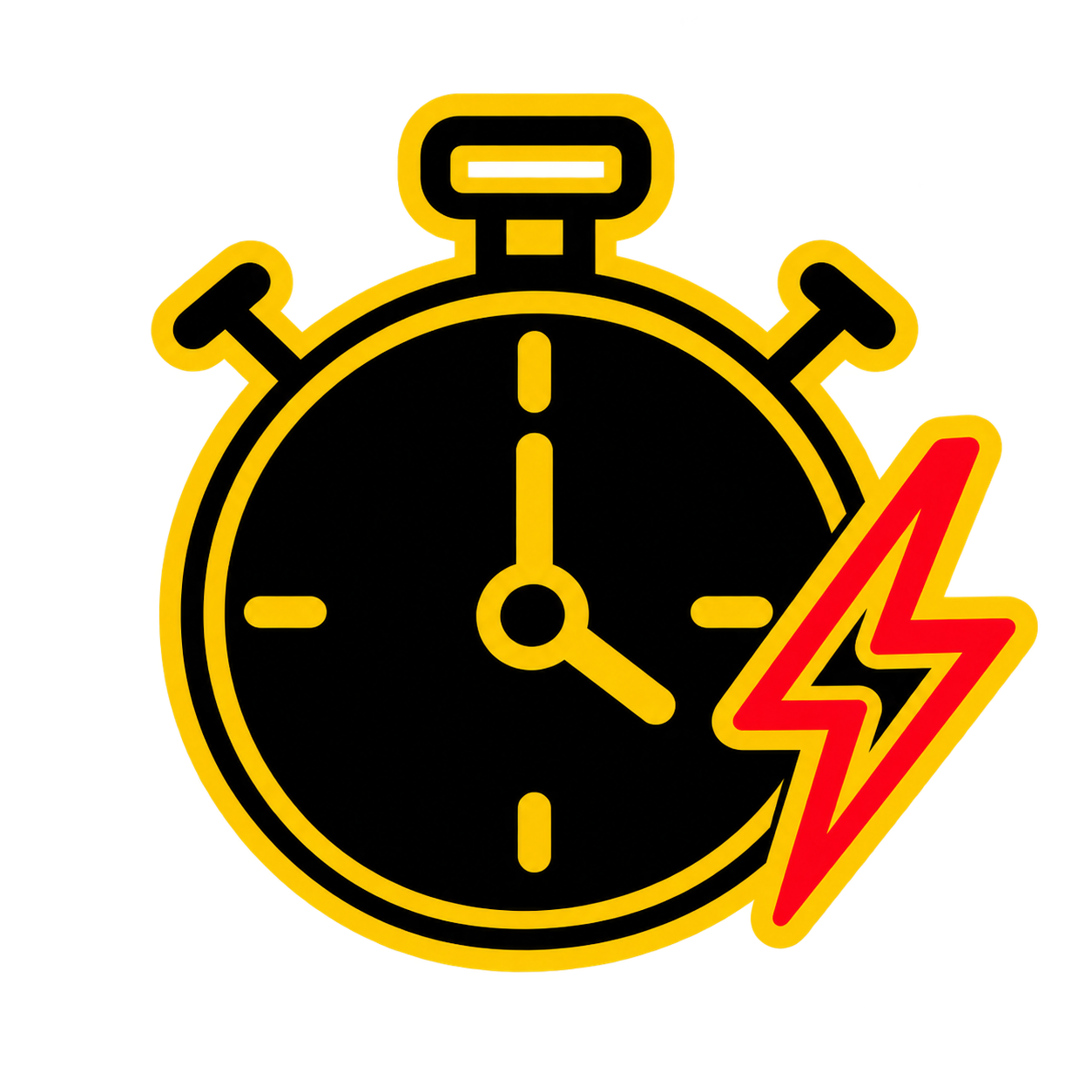 Yellow-and-black stopwatch with a red lightning bolt, symbolizing fast timing or urgency