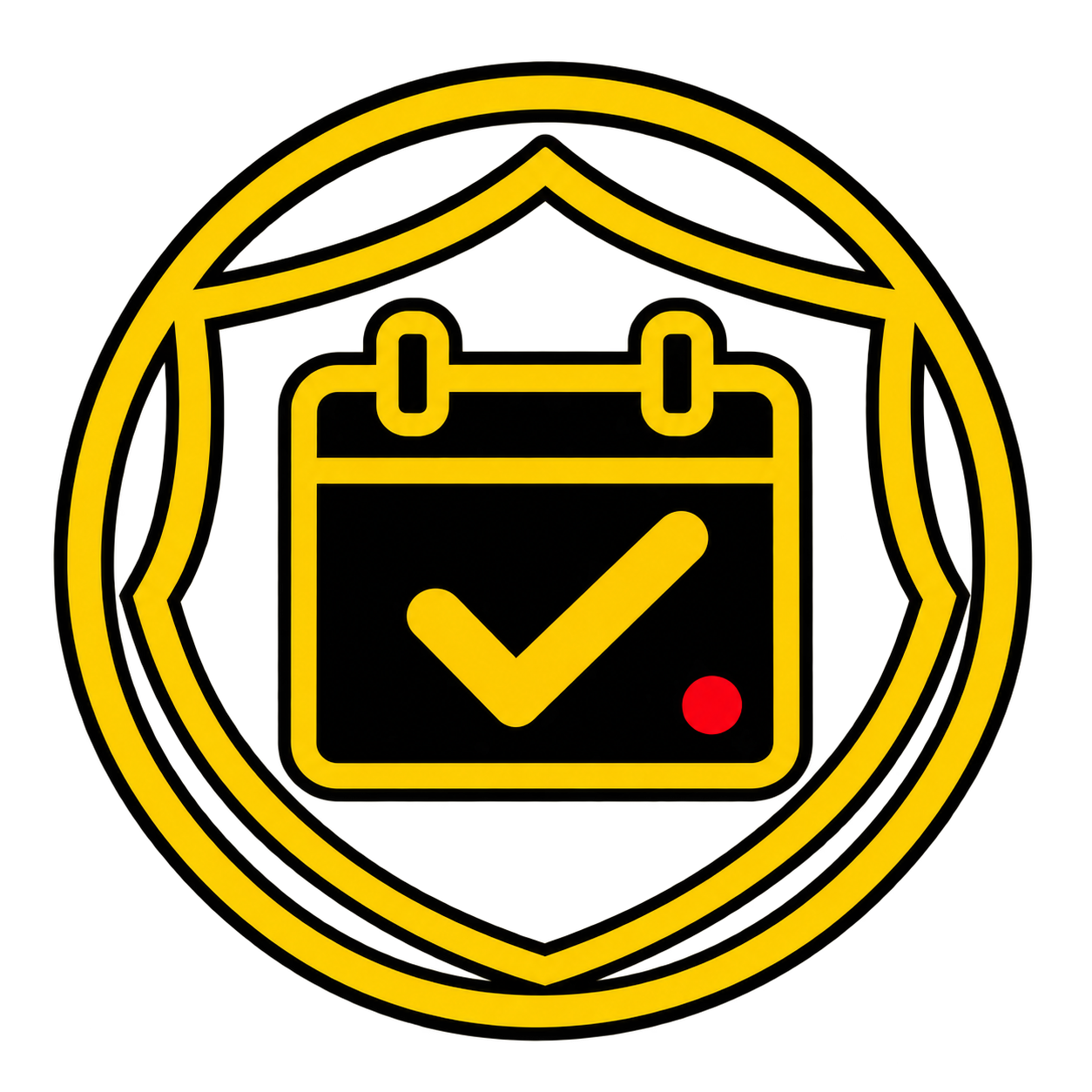Yellow calendar icon with a check mark and red dot inside a circular border