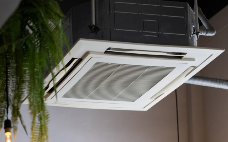A ceiling mounted air conditioner with a plant hanging from it.