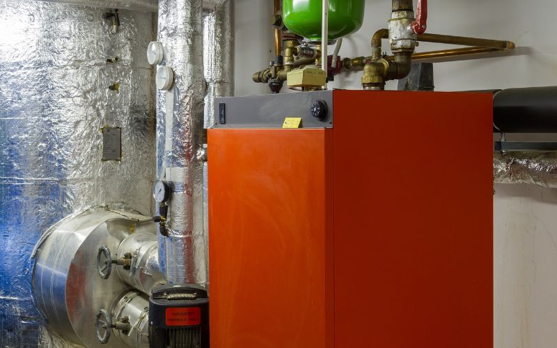 A red boiler is sitting in a room next to a green tank.