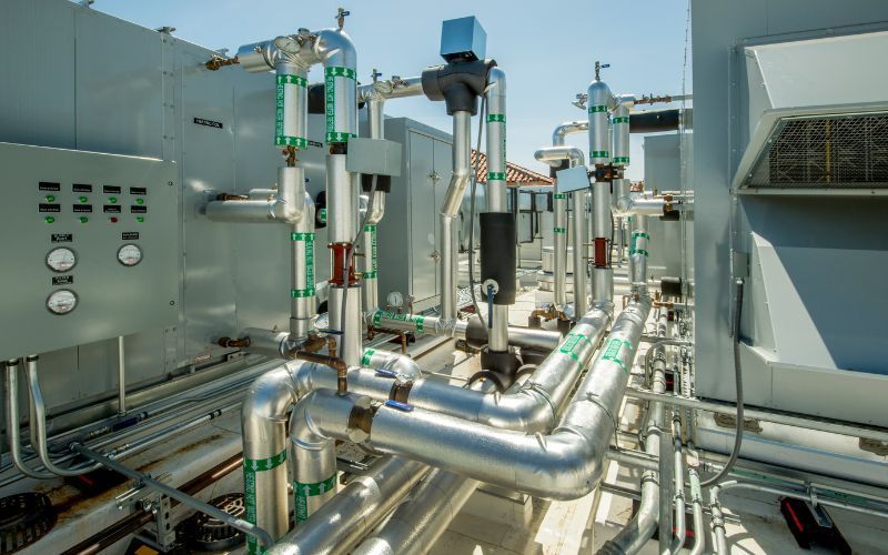 A bunch of pipes are connected to each other in a factory.